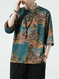 Retro Printed Ice Silk Rounded Collar Shirts for Male