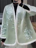 Women's Winter Elegant Floral Embroidery Faux Fur Collar Coat