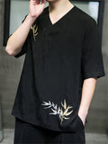 Men's Casual Cozy Smooth Leaf Embroidery Short Sleeve Shirt