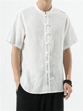 Men's Summer Plain Linen Stand Collar Button Up Shirt