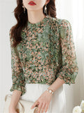 Floral Print Ruffle Trim Chiffon Shirt for Ladies