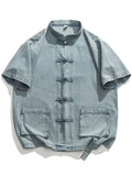 Summer Denim Short Sleeve Tang Suit Shirt for Men