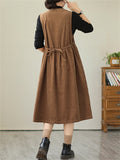 Women's Retro Daisy Embroidery Mid-Length Corduroy Dress