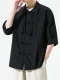 Men's Plain Cotton Linen Tassel Button Summer Tang Suit Shirt