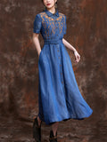 Women's Orange Leaf Embroidery Lapel Button Blue Denim Dress