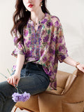 Elegant Tiny Rhinestone V Neck Flowy Floral Print Shirt for Ladies