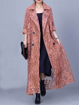 Women's Spring Luxury Lace Embroidery Bouble-Breasted Long Coat