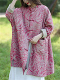 Women's Casual Leaf Print Stand Collar Cotton Linen Coat