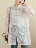 Vintage See-Through Floral Print Knot Button Shirt for Lady