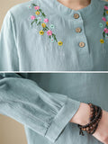 Women's Cute Flowers Embroidery Cotton Linen Long Sleeve Shirt