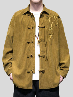 Bamboo Leaf Embroidery Tassel Button Men's Corduroy Jacket