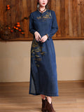 Women's Elegant High-Rise Side Slit Blue Denim Embroidery Qipao