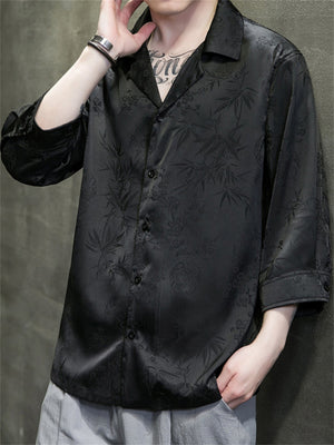 Chinese Style Bamboo Leaf Jacquard Men's V-Neck 3/4 Sleeve Shirt