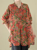 Ladies Country Style Red Flower Print Oversized Linen Shirt