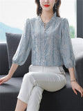 Elegant Puff Sleeve Floral Pattern Faux Silk Shirt for Women