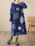 Lady Ethnic Style Polka Dot Fleece-lined Winter Cotton Linen Dress