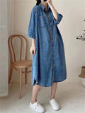 Women's Casual Oversized 3/4 Sleeve Blue Denim Shirt Dress