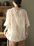 Retro Flower Print Lapel Half Sleeve Loose Shirt for Women