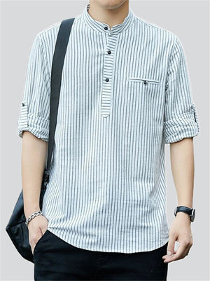 Men's Striped Stand-up Collar Half Button Shirt