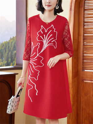 Elegant Round Neck Floral Print A-Line Dress for Women