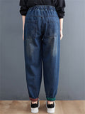 Lady Contrast Color Slim Distressed Denim Harem Pants