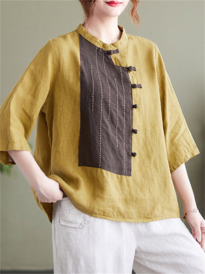 Summer Female Country Style Contrast Color Patchwork Cotton Linen Shirt