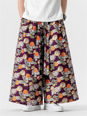 Men's Retro Loong Print Lace Up Loose Straight-Leg Hakama Pants