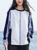 Ladies Crew Neck Patchwork Multi-button Decor Long Sleeve Shirts