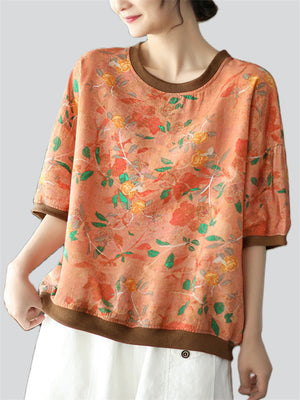 Women's Linen Silky Round Neck Short Sleeve Print Shirt