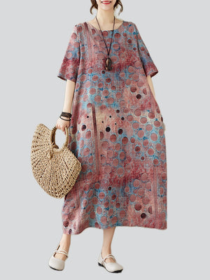 Summer Polka Dot Printed Crew Neck Dress for Women