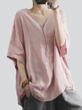 Loose V Neck Half Sleeve Breathable Simple Linen Shirt for Women