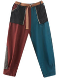 Women's Red Green Contrast Color Patch Pocket Denim Harem Pants