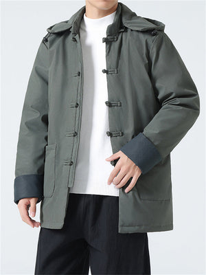 Men's Warm Tang Suit Style Quilted Coat with Detachable Hood