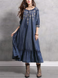 Women's Diamond Embroidery Half Sleeve Ruffle Blue Denim Dress