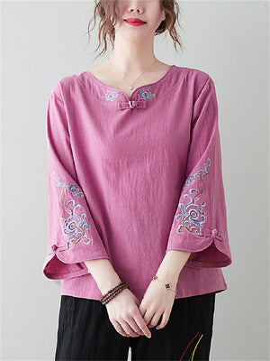 Women's Ethnic Style Peony Embroidery 3/4 Sleeve Linen Shirt