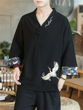 Male Chinese Style Lifelike Crane Embroidery V-neck Shirts