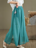 Lotus Embroideried Flowy Linen Fairy Pants for Women