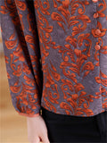 Women's Ruffled Collar Print Decorative Button Faux Silk Shirt