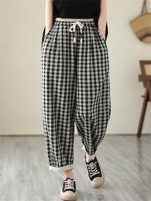 Retro Black & White Plaid Linen Casual Pants for Women