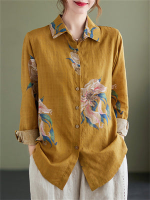 Women's Blooming Flower Print Spring Lapel Shirt