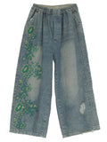 Embroidered Frayed Loose Fit Jeans for Women