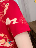 Chinese Red Flying Deer Print Knee Length Qipao