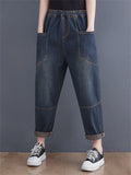 Women's Blue Patchwork Elastic Waist Loose Jeans