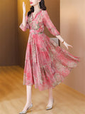 Women's Lace V Neck Puff Sleeve Silky Pleated Midi Dress