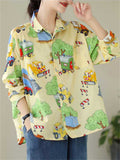 Retro Fun Cartoon Print Long Sleeve Shirt for Women