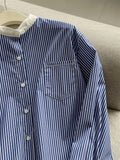 Stylish Blue Stripe Stand Collar Single-Breasted Shirt for Women