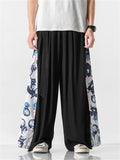 Men's Retro Fan Dragon Lucky Koi Print Lace Up Hakama Pants