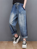 Female Leisure Washed Effect Drawstring Dark Blue Jeans