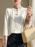 Spring Patchwork Stand Collar Long Sleeve Shirt for Women