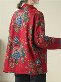 Women's Country Style Stand Collar Rose Print Red Cotton Coat